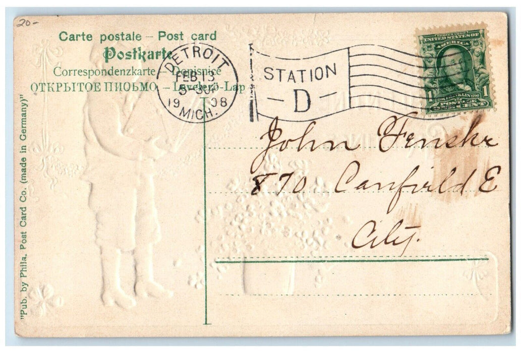 1908 Valentine Greetings Boy Delivering Letters Pansies In Basket Postcard