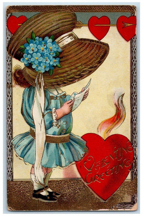 1911 Valentine Greetings Girl Big Hat Pansies Hearts Huntingdon PA Gel Postcard