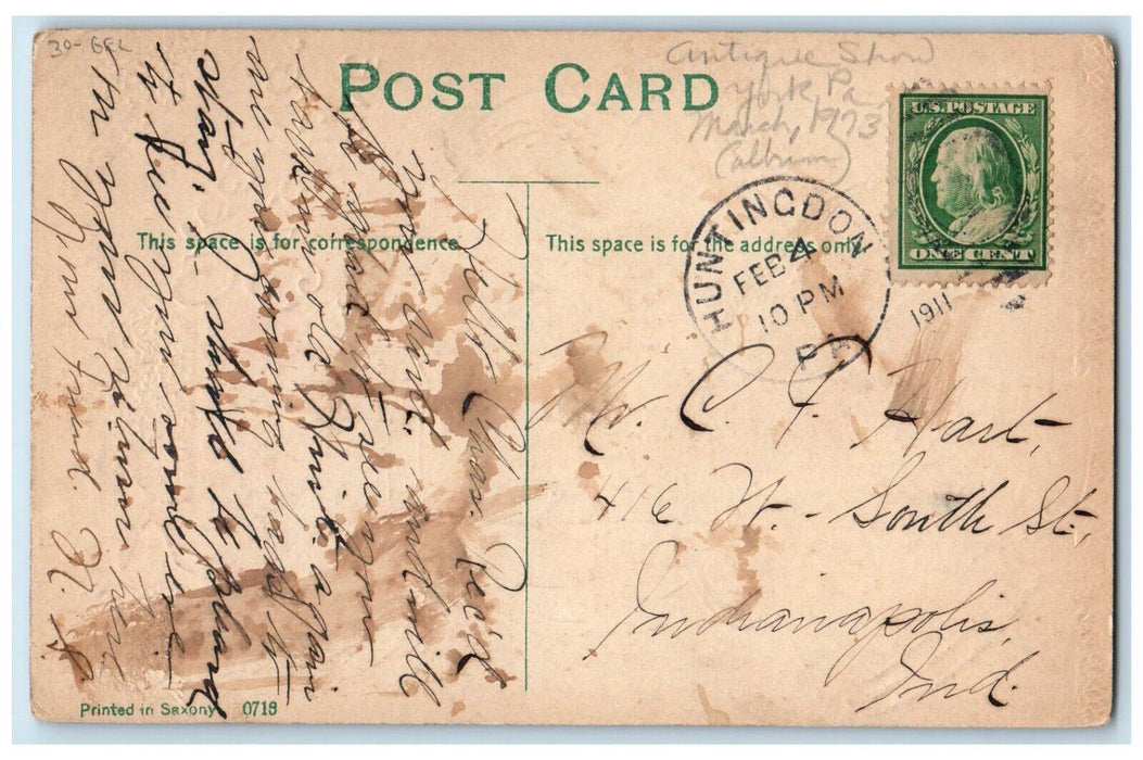 1911 Valentine Greetings Girl Big Hat Pansies Hearts Huntingdon PA Gel Postcard