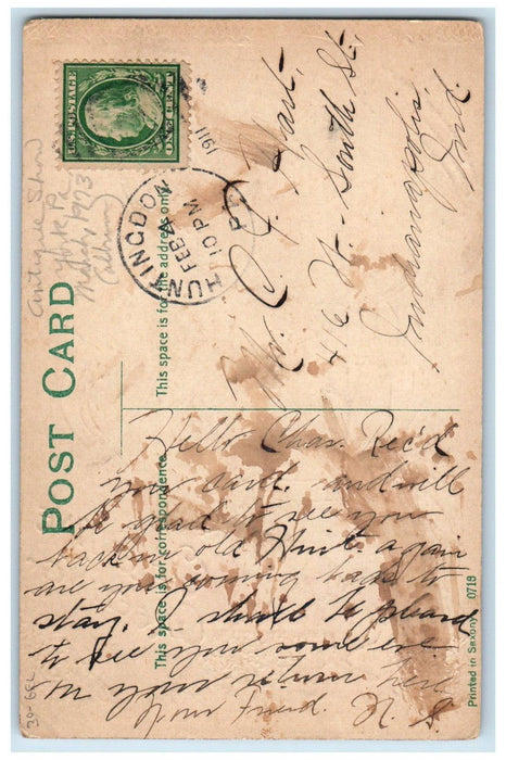 1911 Valentine Greetings Girl Big Hat Pansies Hearts Huntingdon PA Gel Postcard