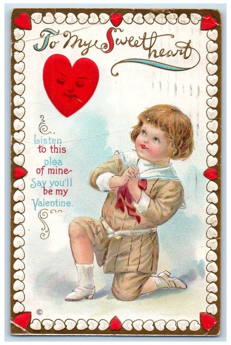 1914 Valentine Boy Benden Knee Hearts Embossed Altoon PA Antique Postcard