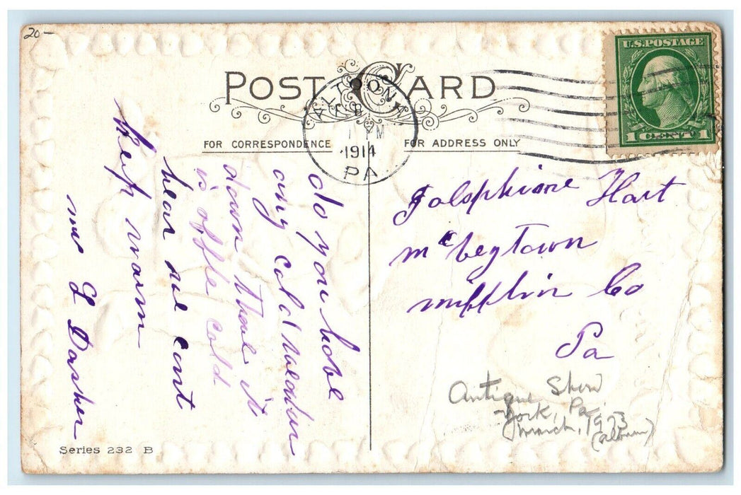 1914 Valentine Boy Benden Knee Hearts Embossed Altoon PA Antique Postcard