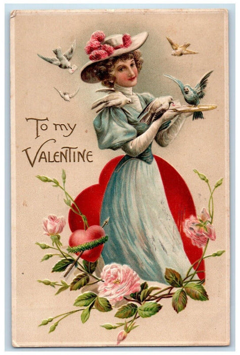 1909 Valentine Girl Birds Letters Heart Pink Flowers Embossed Antique Postcard