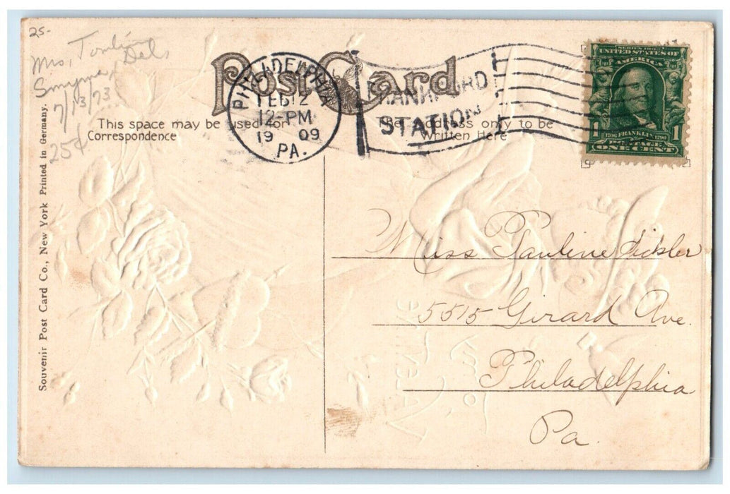 1909 Valentine Girl Birds Letters Heart Pink Flowers Embossed Antique Postcard