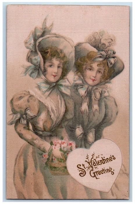 c1910's Valentine Greetings Girls Flowers Basket Winsch Back Silk Postcard