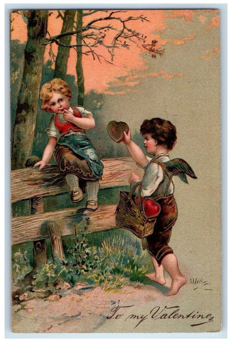 c1910's Valentine Angel Giving Heart Purse Girl Sitting Fence Embossed Postcard