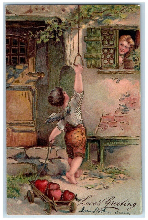 c1905 Valentine Greeting Angel Hearts Girl In Window Embossed Antique Postcard