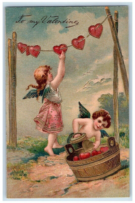 c1910's Valentine Angels Cleaning Hanging Hearts Embossed Antique Postcard