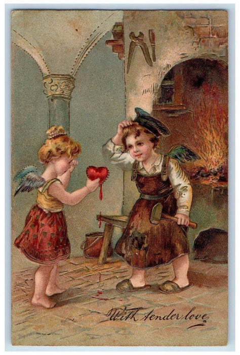 c1905 Valentine Girl Angel Crying Heart Blacksmith Embossed Antique Postcard
