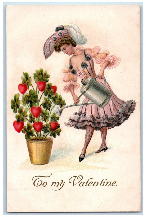 1909 Valentine Pretty Girl Big Hat Watering Plant Shamrock Hearts Postcard