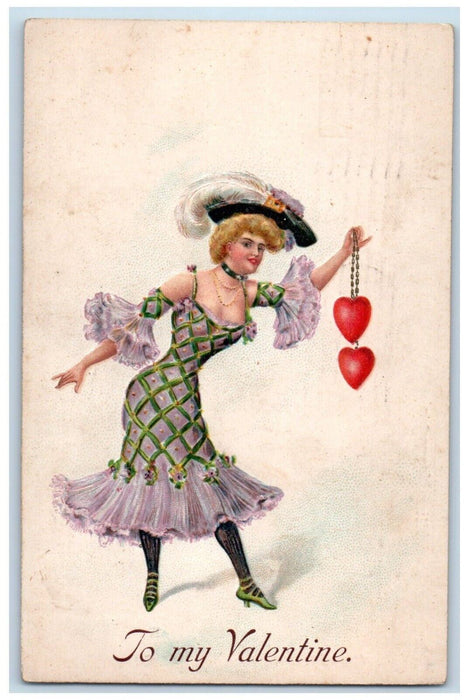 1910 Valentine Pretty Girl Big Hat Holding Hearts Embossed Antique Postcard