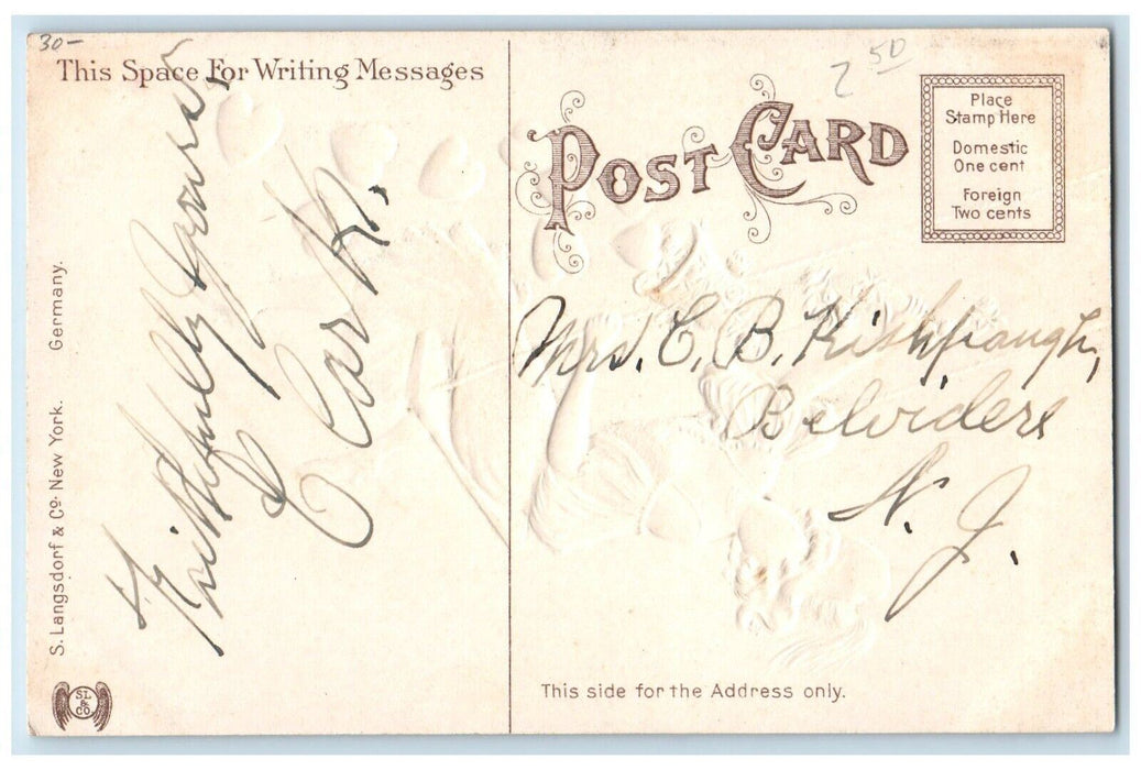c1910's Valentine Pretty Girl Swing Hearts Embossed Posted Antique Postcard