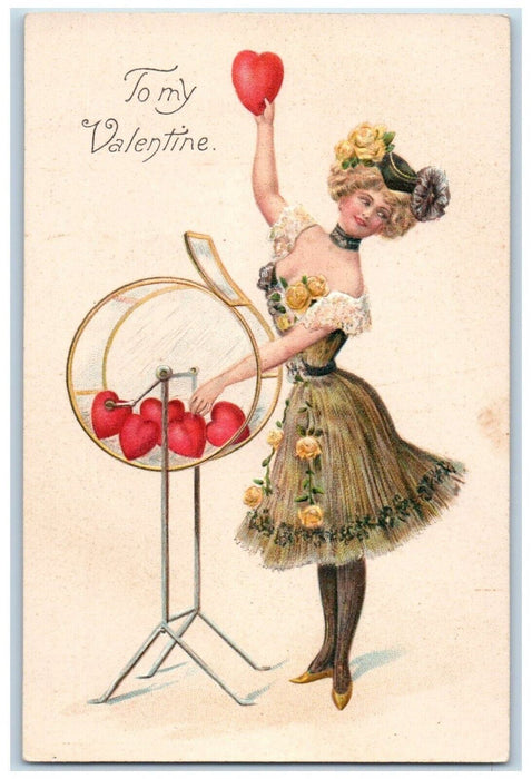 c1905 Valentine Pretty Girl Gambling Bingo Roller Cage Hearts Embossed Postcard