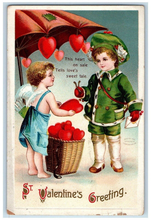 1912 Valentine Greeting Boy Wishbone Angel Hearts Umbrella Clapsaddle Postcard