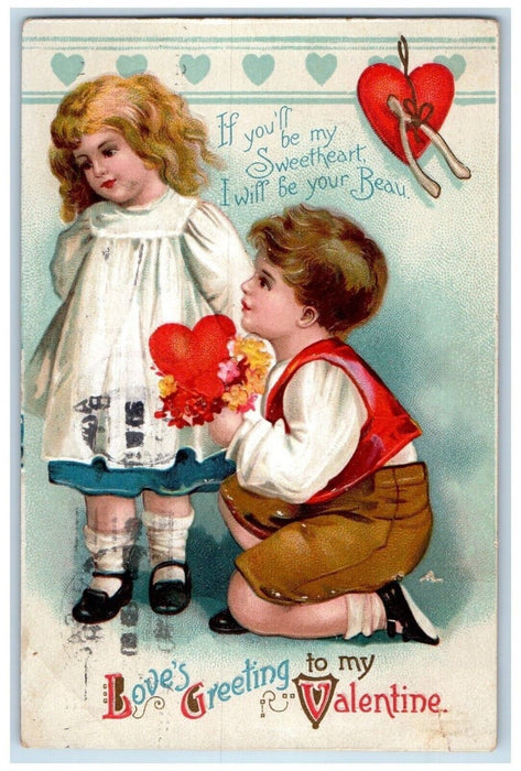Valentine Greeting Girl Boy Hearts Flower Present Wishbone Clapsaddle Postcard