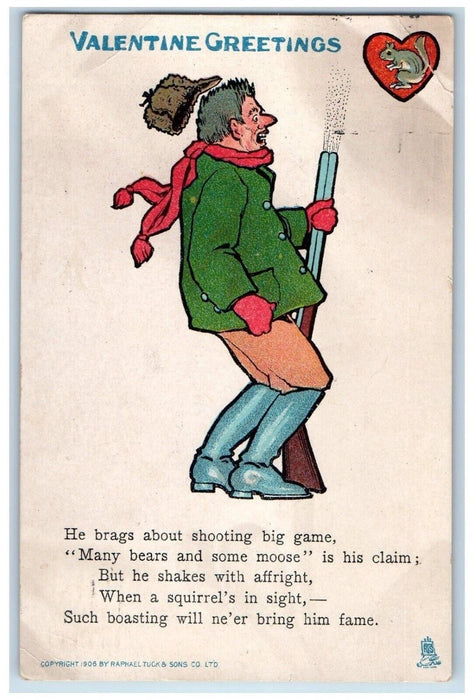 1907 Valentine Greetings Man Hunting Rifle Gun Shooting Heart Tuck's Postcard