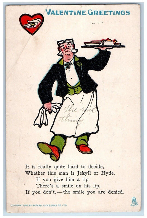 1907 Valentine Greetings Waiter Tipping Allentown PA Tuck's Antique Postcard
