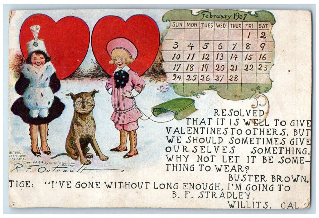 Valentine Girls Dog Hearts Calendar Outcault Advertising Willits CA Postcard