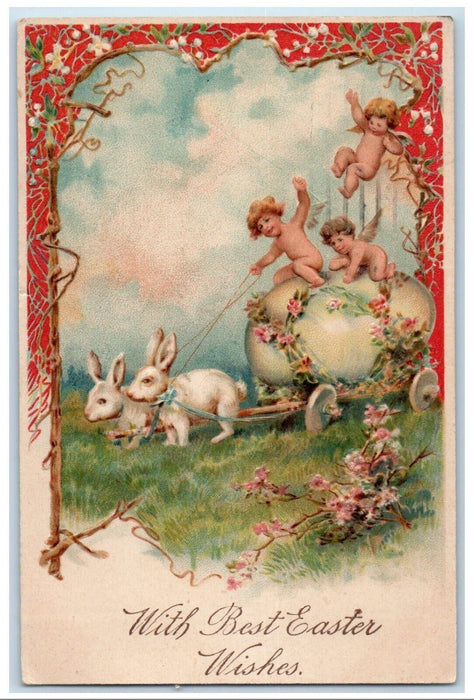 1909 Easter Whishes Rabbit Pulling Cart Giant Egg Angels Cherub Pansies Postcard