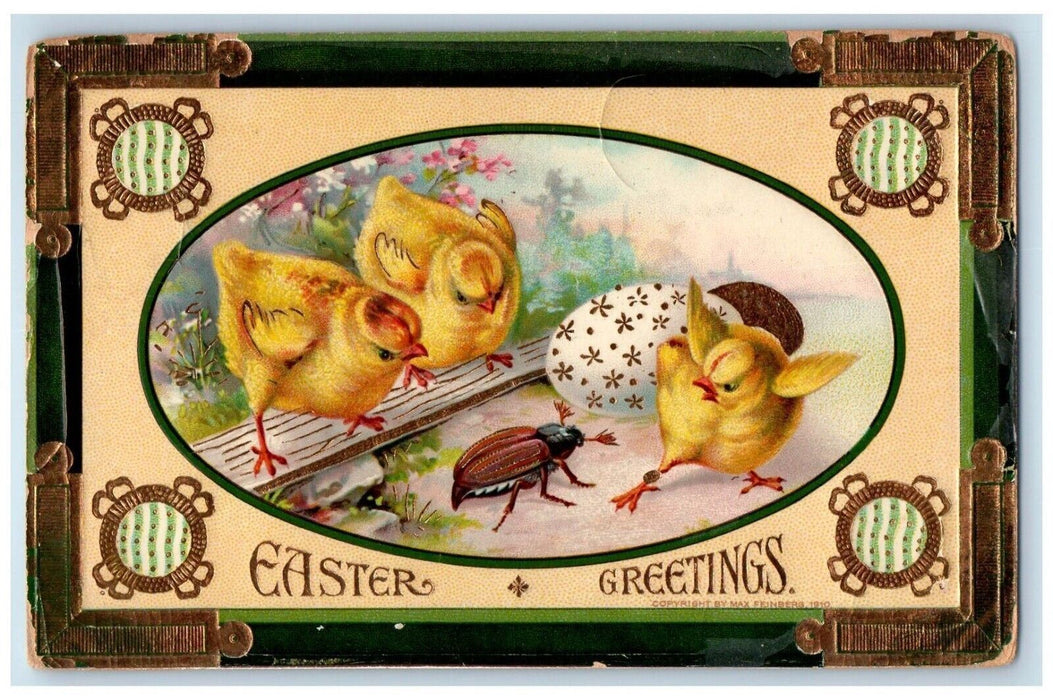 1912 Easter Greetings Lightning Bug Chicks Egg Gel Gold Gilt Embossed Postcard