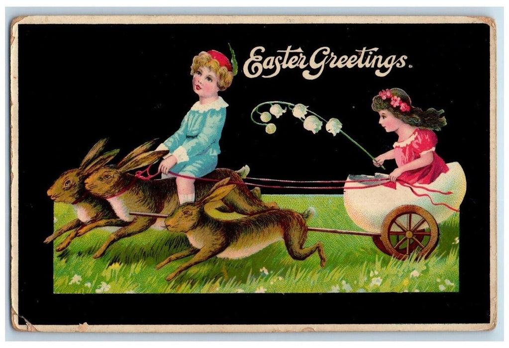 c1910's Easter Greetings Rabits Pulling Cart Hatched Egg Flowers Gel Postcard