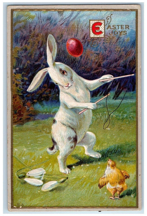 1913 Easter Rabbit And Chick Playing Juggling Game Egg Stephen City VA Postcard