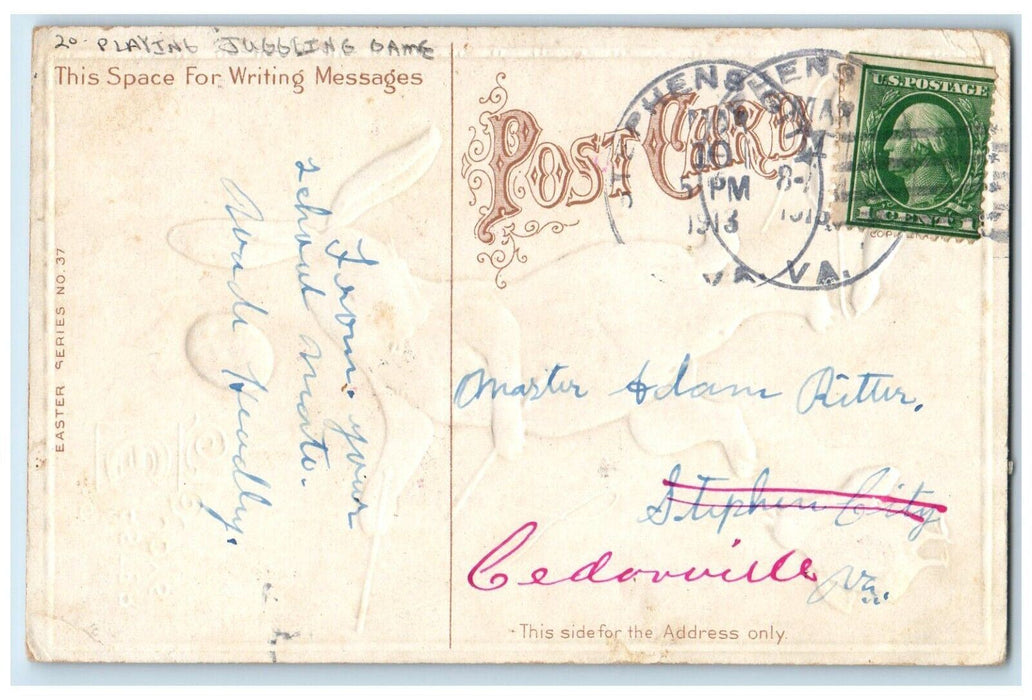 1913 Easter Rabbit And Chick Playing Juggling Game Egg Stephen City VA Postcard