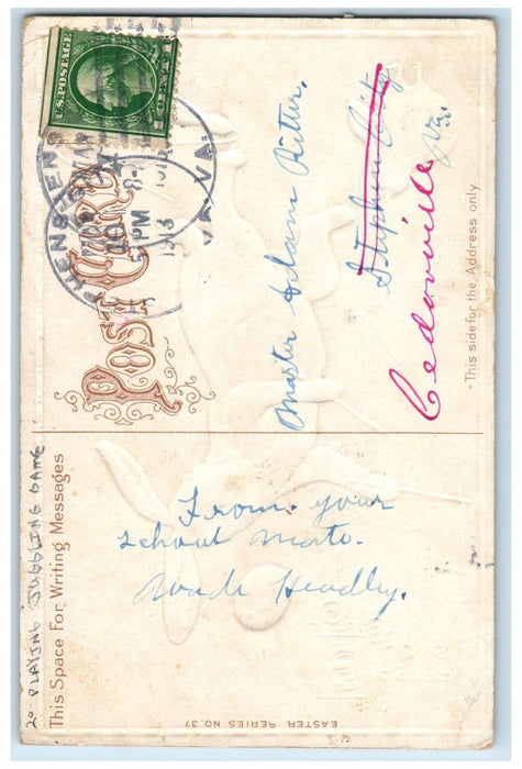 1913 Easter Rabbit And Chick Playing Juggling Game Egg Stephen City VA Postcard