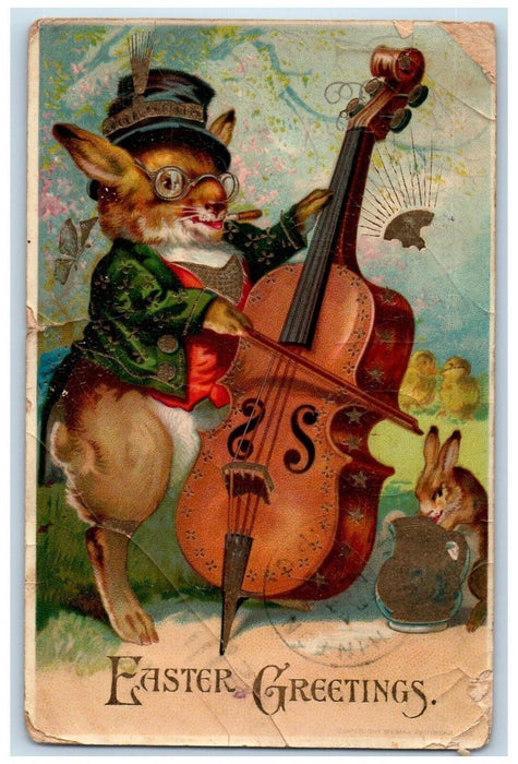 1912 Easter Greetings Anthropomorphic Rabbit Playing Chello Smoking Postcard