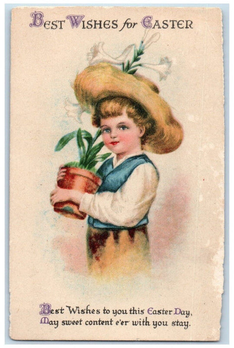 1928 Easter Wishes Boy Big Hat White Lily Flowers In Pot Wolf Antique Postcard