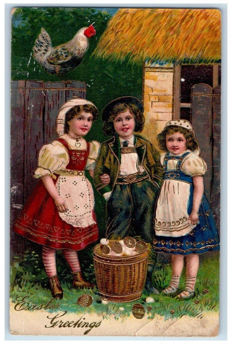 c1910's Easter Greetings Childrens Rooster Chicken Gel Gold Gilt Posted Postcard