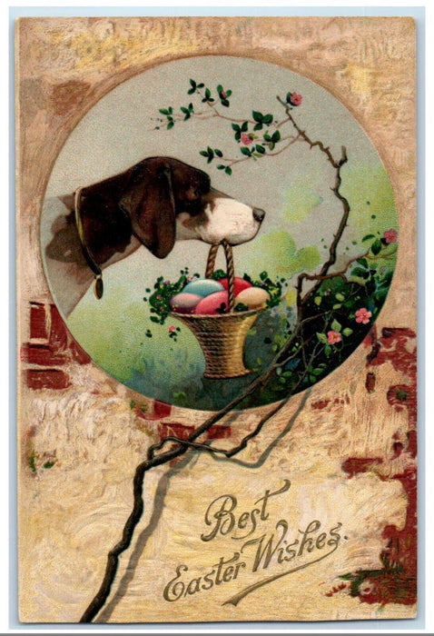 c1910's Easter Wishes Foxhound Dog Basket Og Eggs Flowers Embossed Postcard