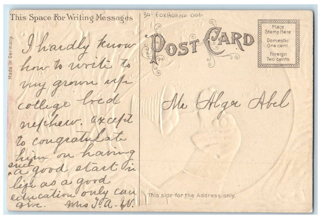 c1910's Easter Wishes Foxhound Dog Basket Og Eggs Flowers Embossed Postcard