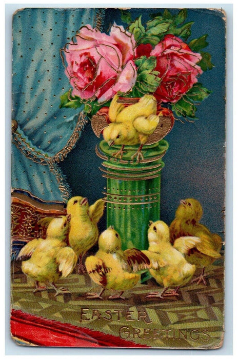 1910 Easter Greetings Chicks Flowers Vase Gel Gold Gilt Altamont IL Postcard