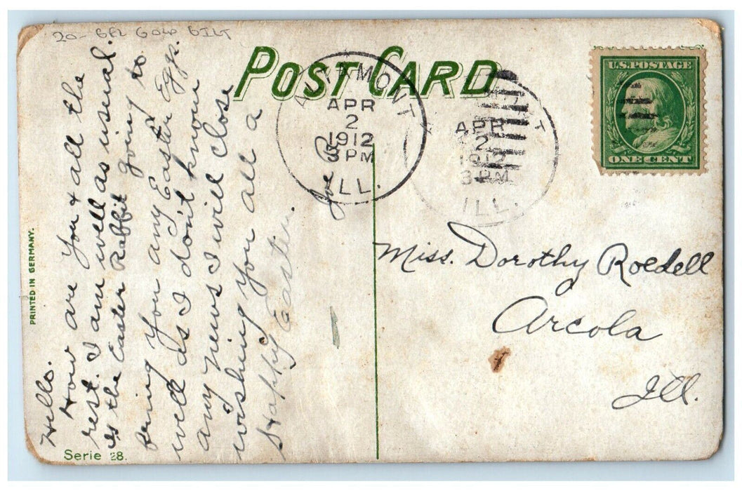 1910 Easter Greetings Chicks Flowers Vase Gel Gold Gilt Altamont IL Postcard