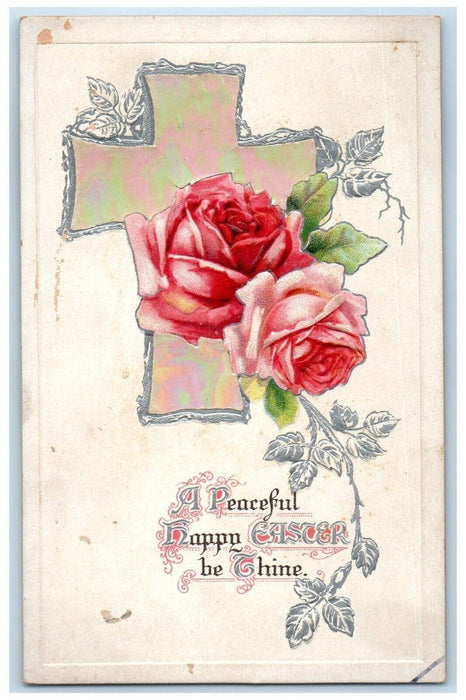 c1910's Easter Pink Roses Silver Cross Pearl Inlay Embossed Antique Postcard