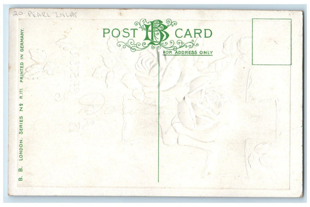 c1910's Easter Pink Roses Silver Cross Pearl Inlay Embossed Antique Postcard