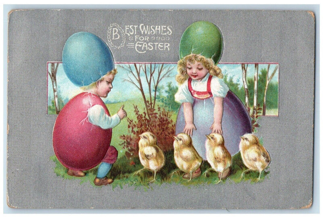 c1910's Easter Wishes Fantasy Children Eggs Hat Chicks Embossed Antique Postcard