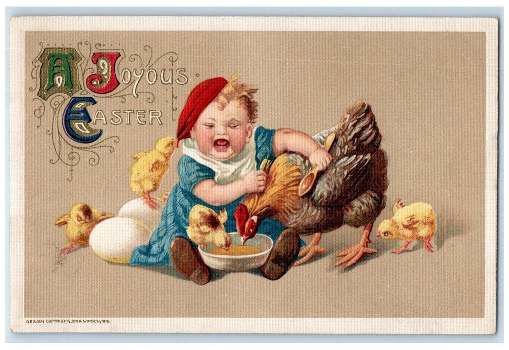 c1910's Easter Toddler Chicken Chicks John Winsch Artist Signed Antique Postcard