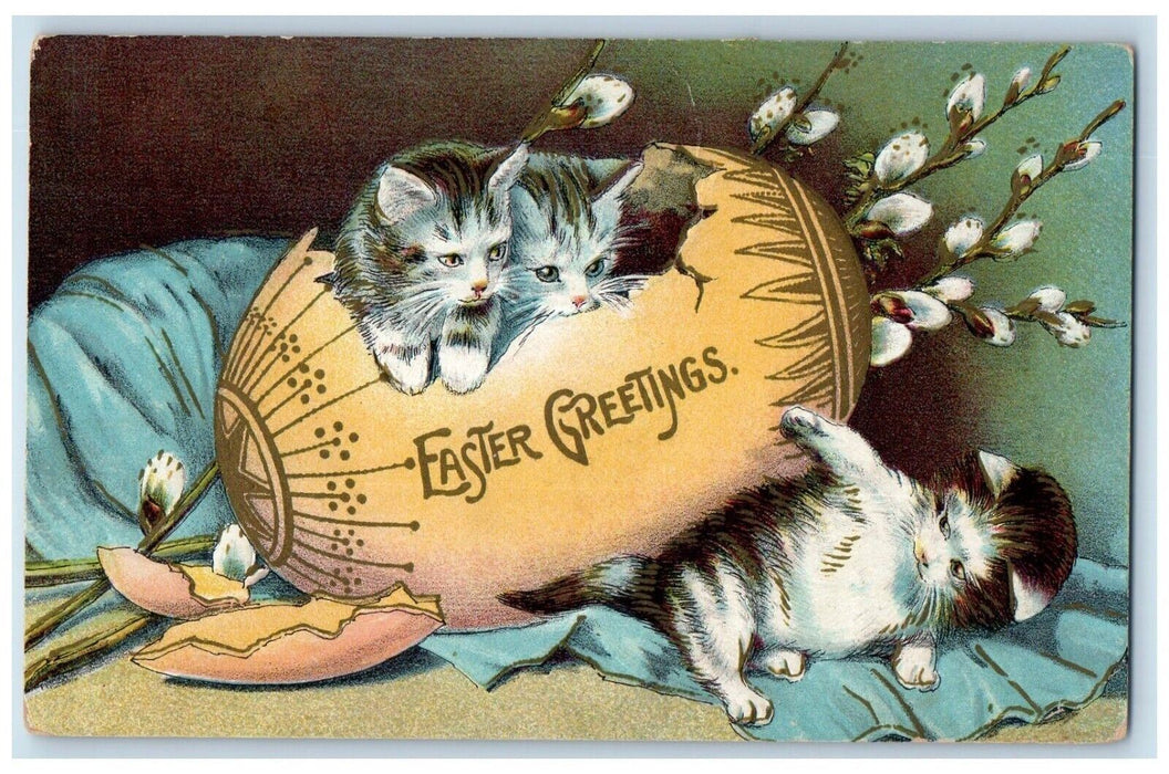c1910's Easter Greetings Hatched Egg Cats Kitten Embossed Antique Postcard