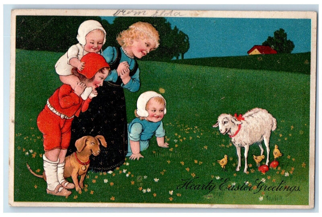 c1910's Easter Greetings Mother Childrens Puppy Dog And Goat Flowers Postcard