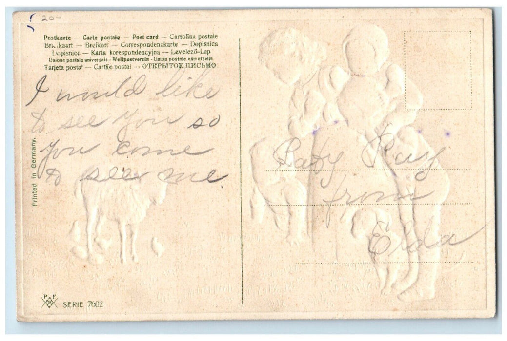c1910's Easter Greetings Mother Childrens Puppy Dog And Goat Flowers Postcard