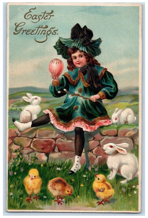 c1910's Easter Greetings Girl Egg Rabbits Chicks Embossed Antique Postcard