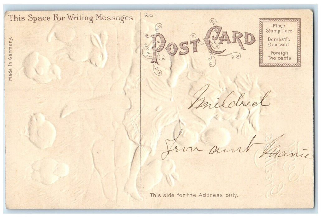c1910's Easter Greetings Girl Egg Rabbits Chicks Embossed Antique Postcard