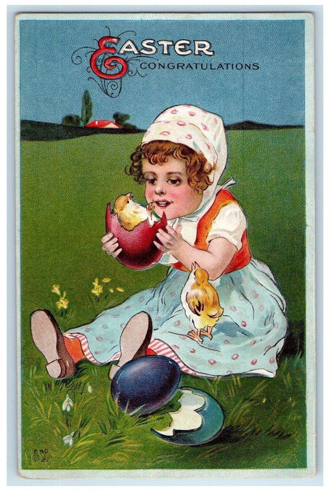 1914 Easter Congratulations Little Girl Hatched Eggs Chicks Embossed Postcard