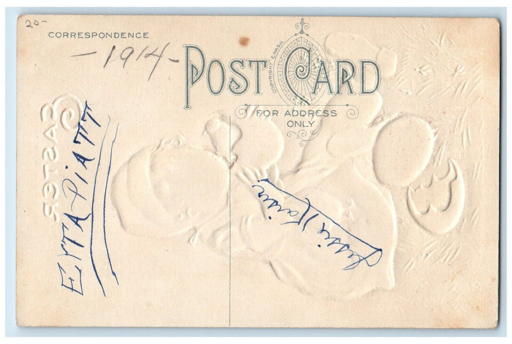 1914 Easter Congratulations Little Girl Hatched Eggs Chicks Embossed Postcard