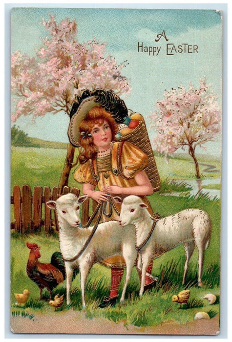 1909 Easter Girl Basket Of Eggs Goat Rooster Chicken Chicks Embossed Postcard
