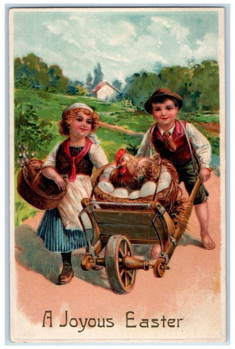 c1910's Easter Girl Boy Pushing Cart Chicken Egg Nest Basket Embossed Postcard