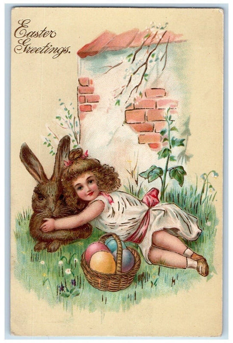 c1905 Easter Greetings Little Girl Rabbit Basket Of Eggs Embossed Postcard