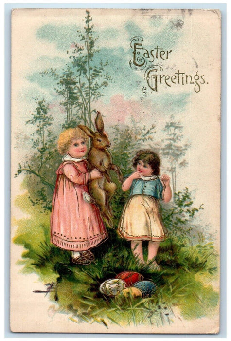 1908 Easter Greetings Girls Cached Rabbit Eggs Embossed Posted Antique Postcard